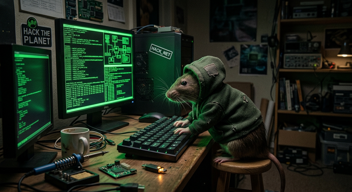 A rat in a green hoodie typing at a keyboard in a dark workshop full of glowing terminals